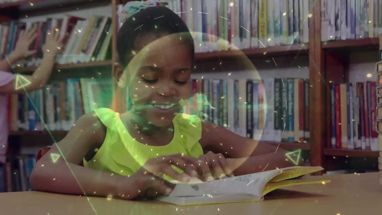 Geometrical shapes and mathematical equations over african american girl reading book at library