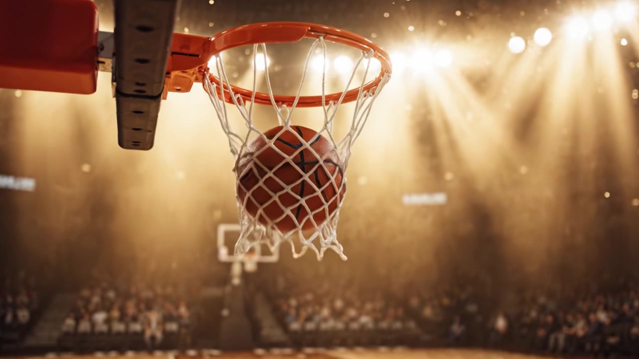 Un momento drammatico nel basket: la palla si libra verso il canestro, catturando l'intensità e l'emozione della partita sotto le luci brillanti dell'arena.