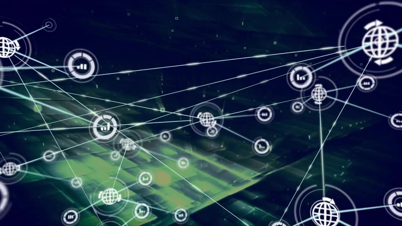 Forming digital network spreading across dark teal plane, pulsing globe icons and connecting lines