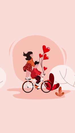 couple riding bicycle with heart balloons