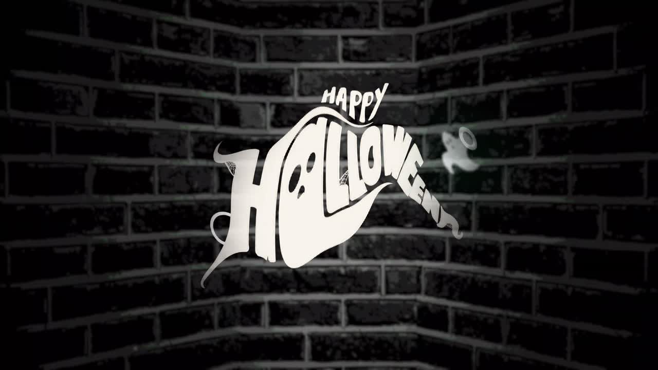 animación del texto feliz de halloween en un fondo de ladrillo