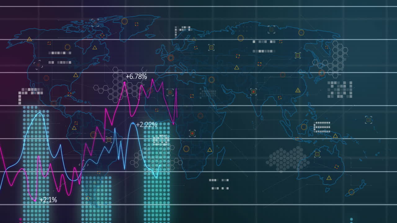 Financial data and global statistics animation over world map background
