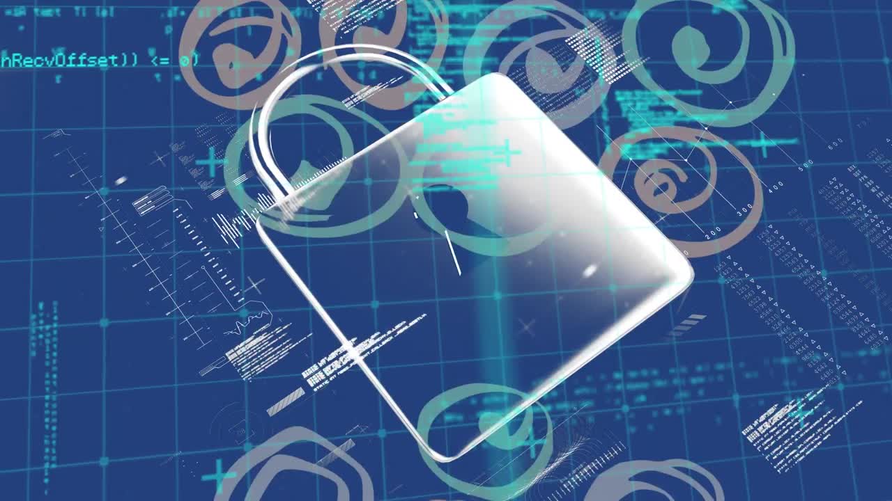Digital animation of security padlock icon against data processing on blue background