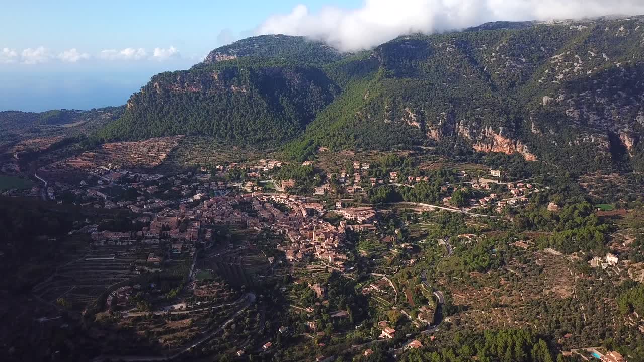 Aerial view of Valldemossa landscape, Mallorca, Spain, surrounded by mountains