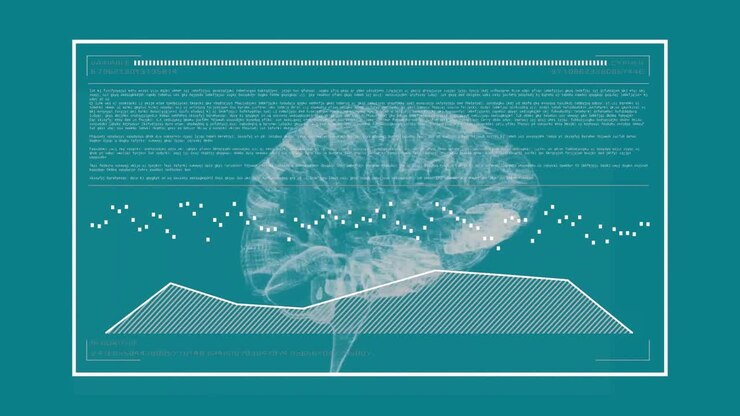 Particle mist initiating waveform animating while 3D brain model rotating visualizing data