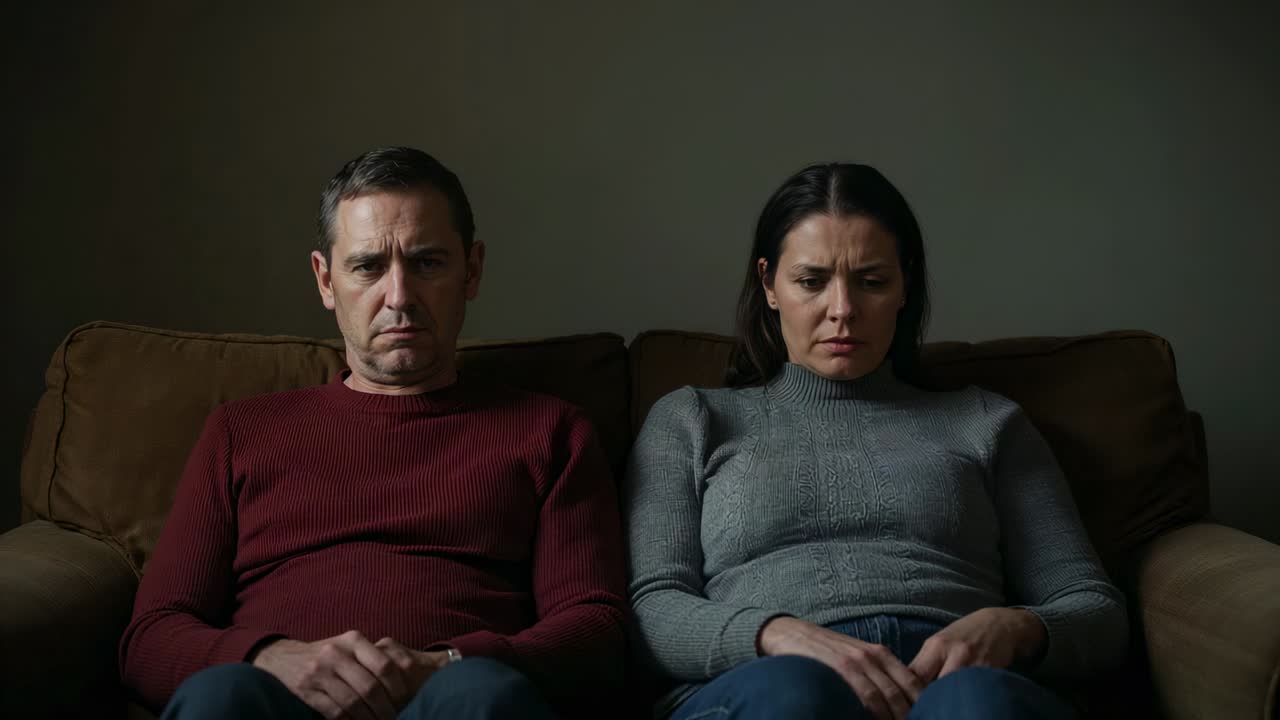 Sitting mature couple showing tension while camera holding steady on couch with knit sweaters