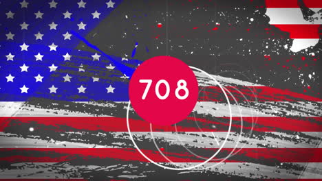 increasing umbers on round red banner against american flag grunge design on grey background