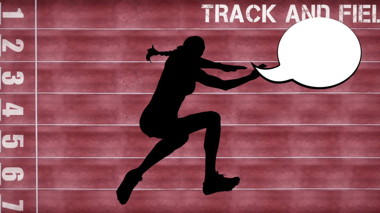 여자 장거리 점퍼 의 실루 ⁇  의 애니메이션 과 연설 거품 과 경주 트랙 에 있는 텍스트