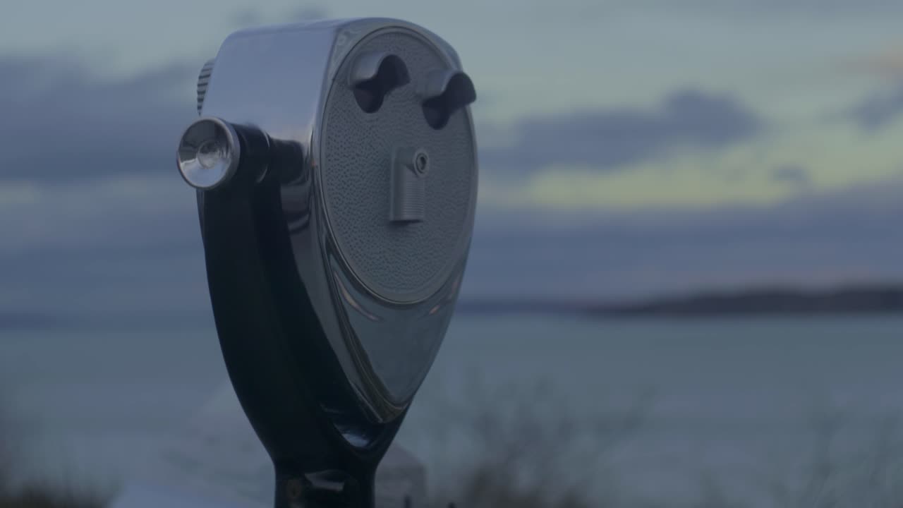 Coin-operated Binoculars At Dusk On Coast Of Portland In Maine, USA. closeup shot