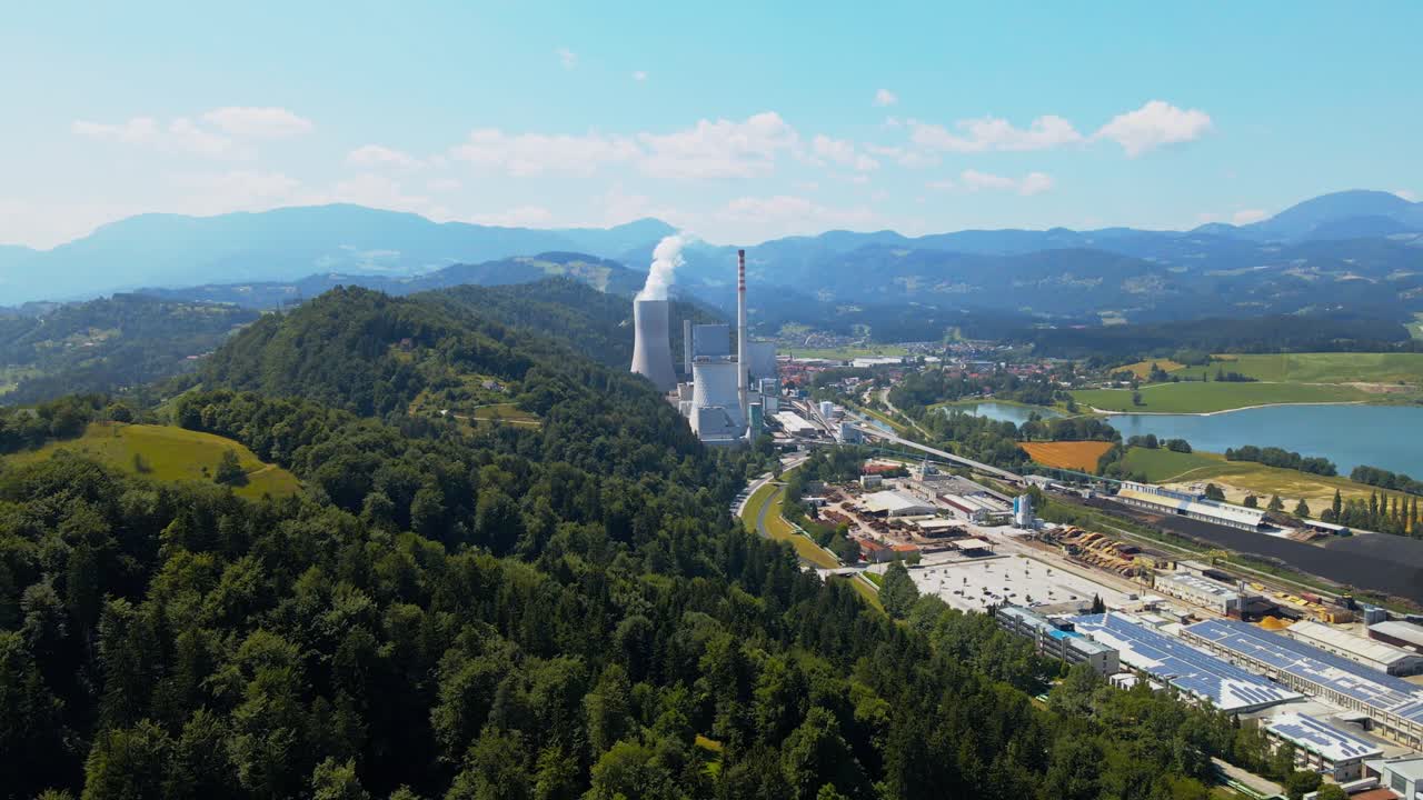Aerial drone 4K drone footage view of &Scaron;ale&scaron;ka dolina, and Thermal Power plant in operation &ndash; &Scaron;o&scaron;tanj in Slovenia