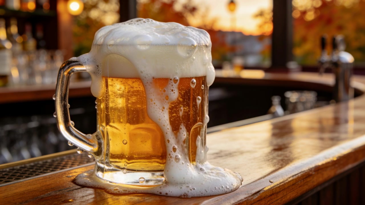 Boccale di birra di vetro straripante che rovescia schiuma sul bancone di legno del bar, formando una pozzanghera dopo la spillatura.