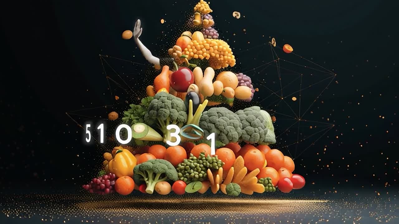 現代的な展示会に並ぶ、芸術的な果物や野菜の彫刻。