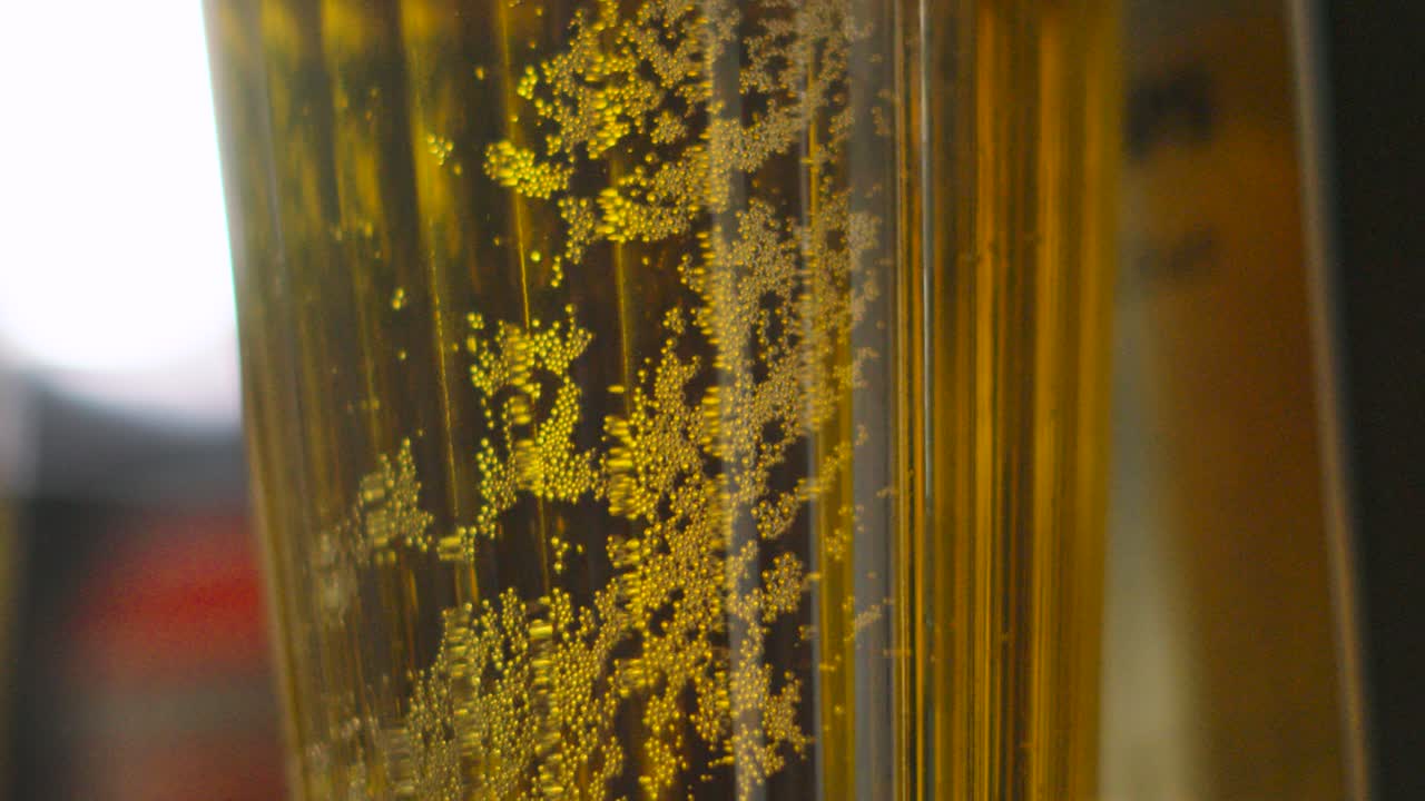 Bubbling Fresh Lager with Lined Beer Glass with Bubbles Rising in Slow Motion. Alcoholic Beverage for Drinking at Parties