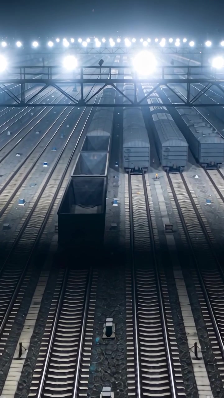 Vertical video: Rolling open hopper car toward camera in yard under gantry lights passing wagons