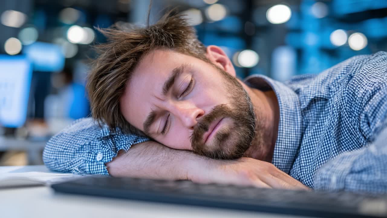 Exhausted Office Worker Caught Napping at Desk with Head Resting on Keyboard, Highlighting the Need for Work-Life Balance and Restful Breaks