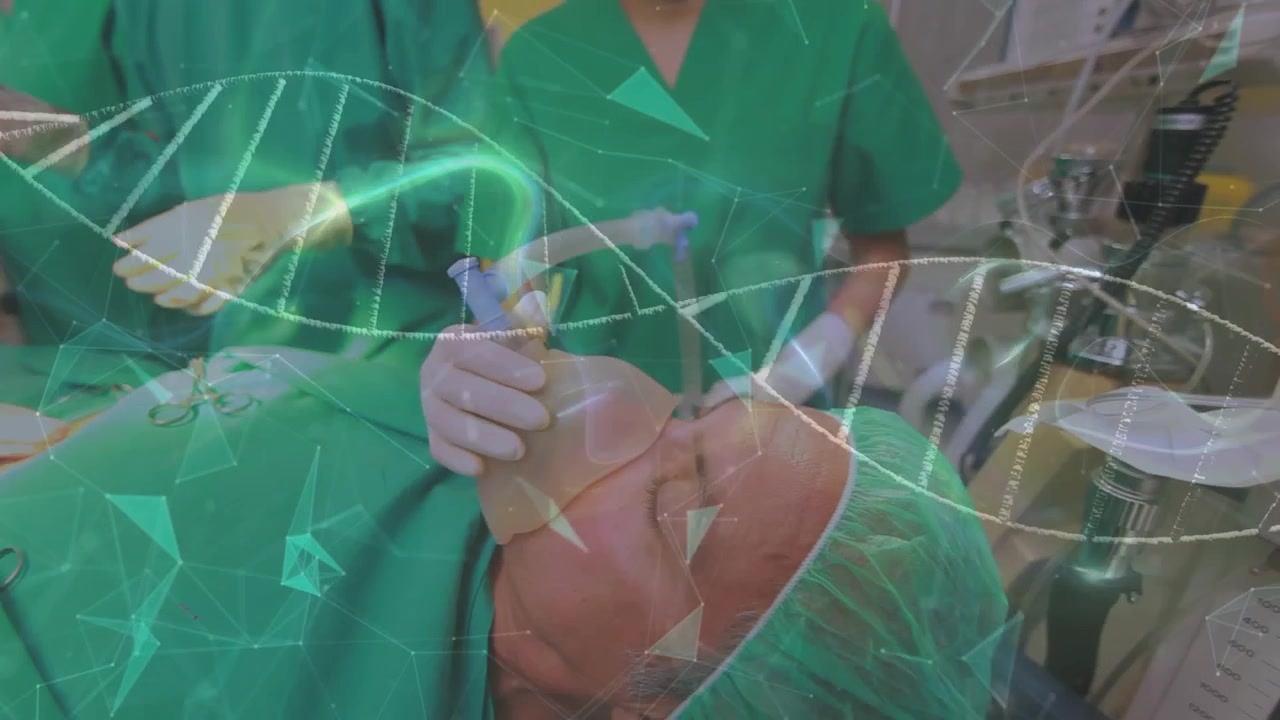Animazione di filamento di DNA ed elaborazione dati su diversi chirurghi in sala operatoria