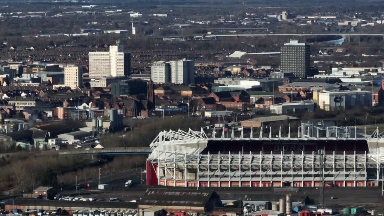 Teesside Middlesbrough football club fc boro, aerial drone zoom fast pan left to right - clip 1 aerial drone prores