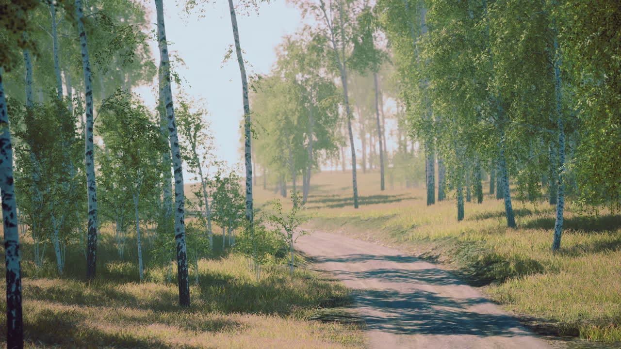 Scenic dirt path winding through a serene forest during daylight hours