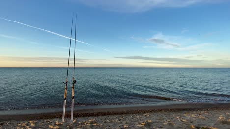 two fishing rods standing on the sand with seascape in background