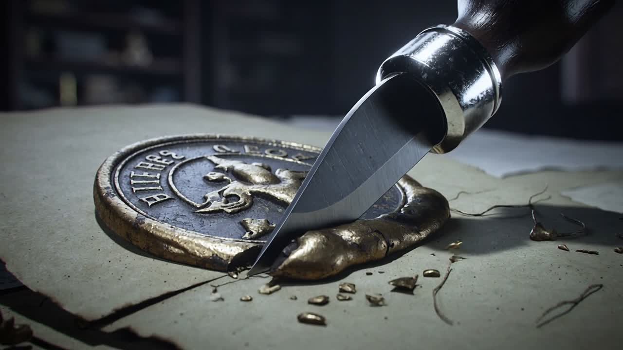 Cuchillo deslizante presionando el borde inferior de un sello de cera, raspando la cera para revelar un escudo en un papel sobre un escritorio.