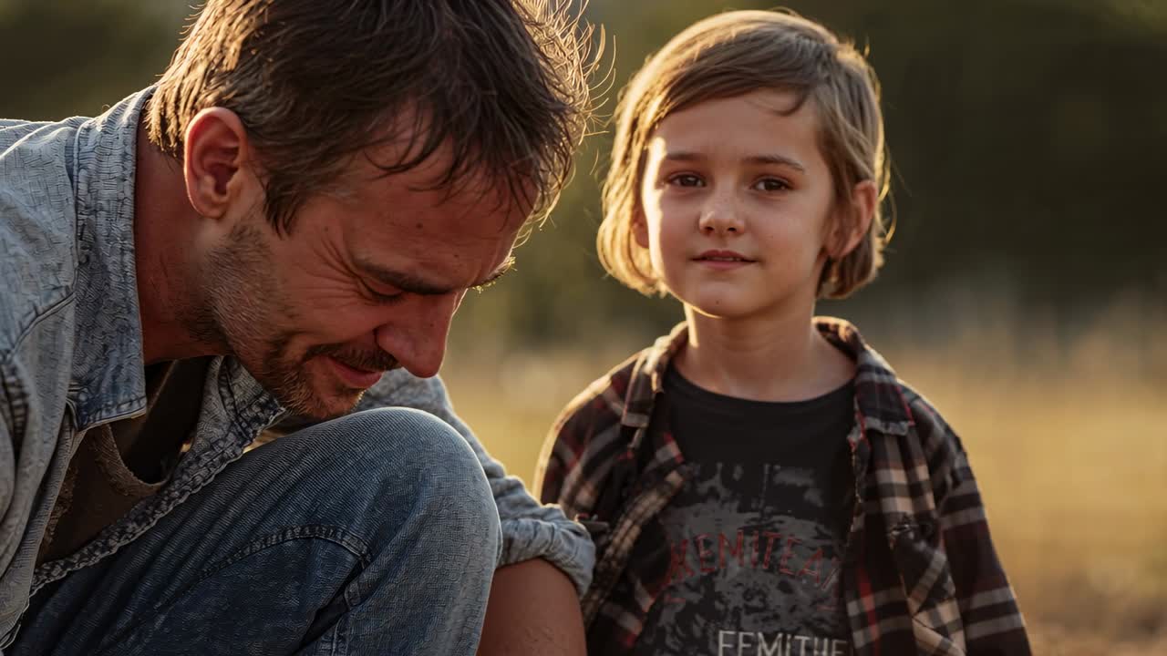 Padre e figlio che sorridono in un prato soleggiato, con camicie di jeans e flanella, la luce del sole che rafforza il loro legame.