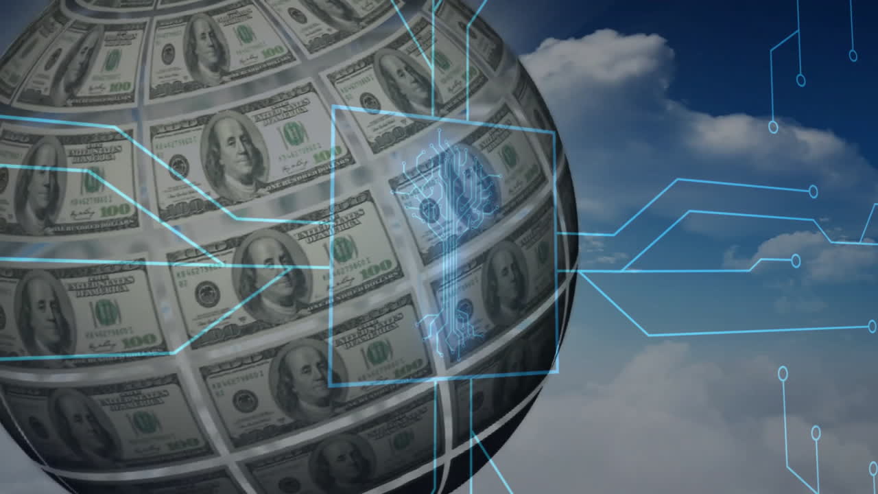 Digital network lines forming sphere of hundred-dollar bills against cloudy sky
