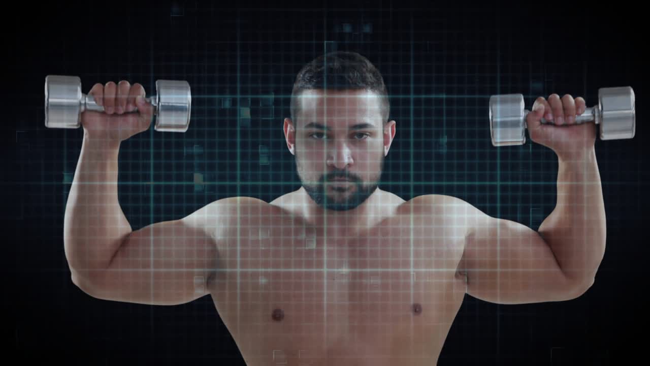 Male athlete starting locked overhead, doing dumbbell presses for fitness, HUD ECG overlaying