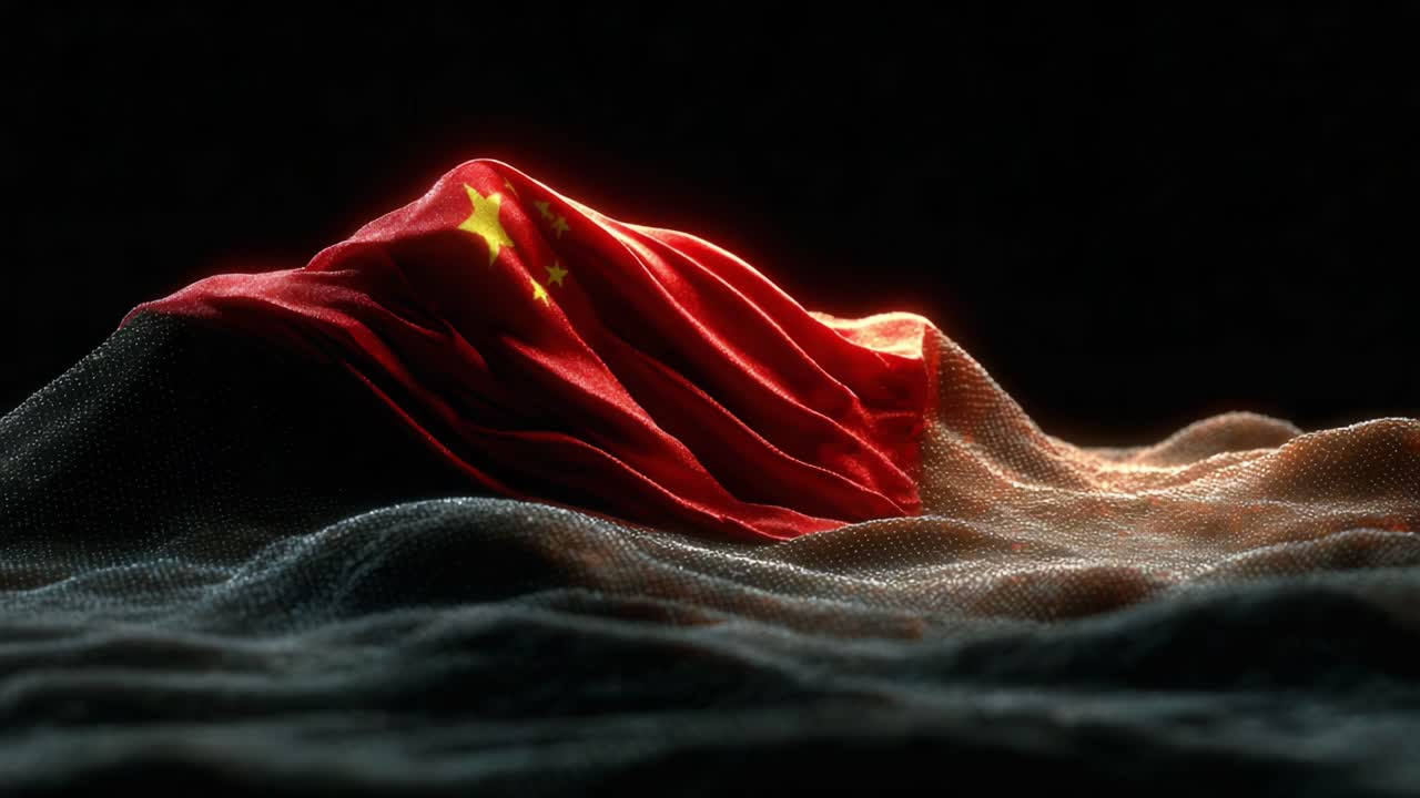 A Dramatic Representation of a Flag on a Mountainous Terrain, Illuminated by Subtle Lighting, Highlighting the Rich Textures and Flow of the Fabric