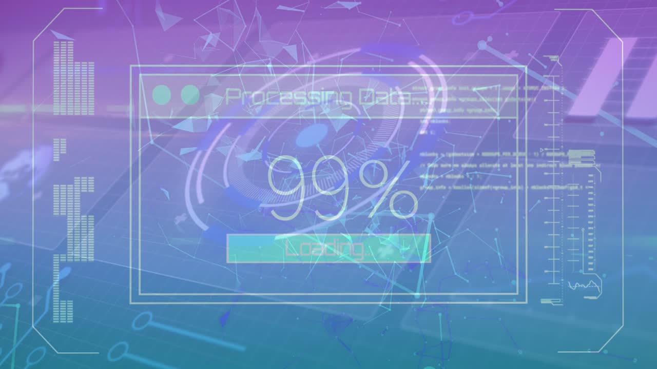 Animation of data processing over violet with uploading