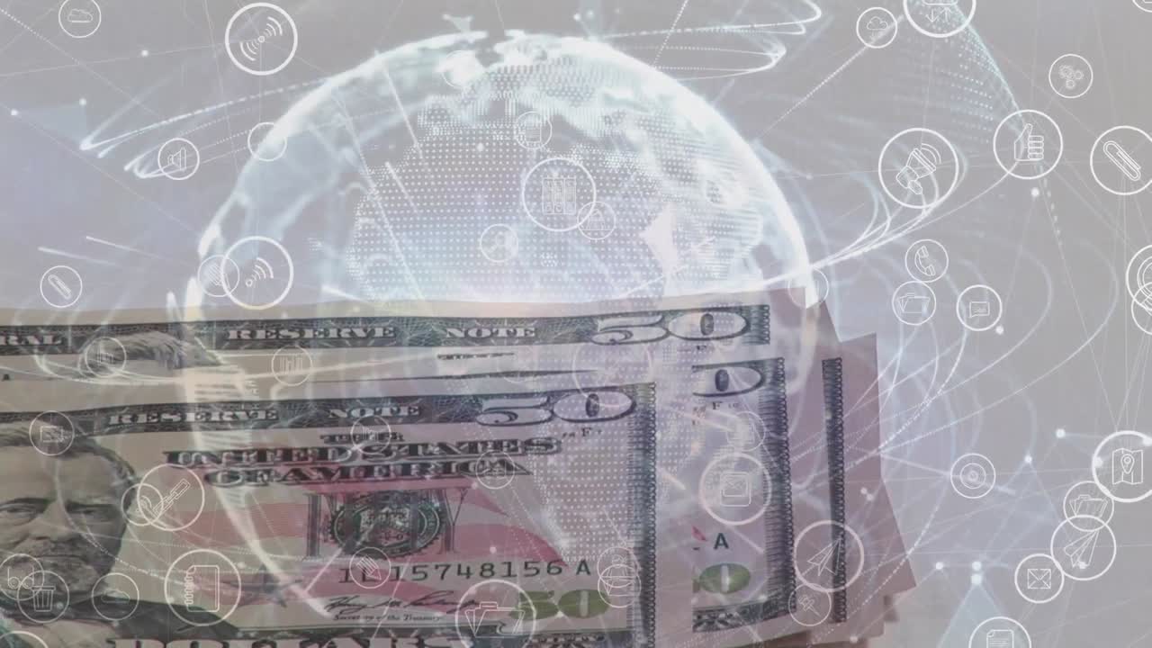 animación de la red de conexiones con iconos digitales y billetes de dólares estadounidenses en todo el mundo