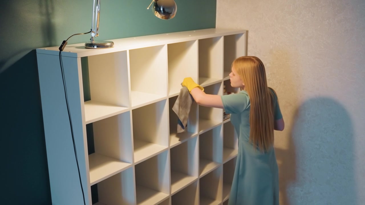 Child arranges storage areas neatly. Youthful girl cleans and arranges household cubbies comfortably. Young girl in blue dress and yellow gloves tidies shelves in warm evening setting