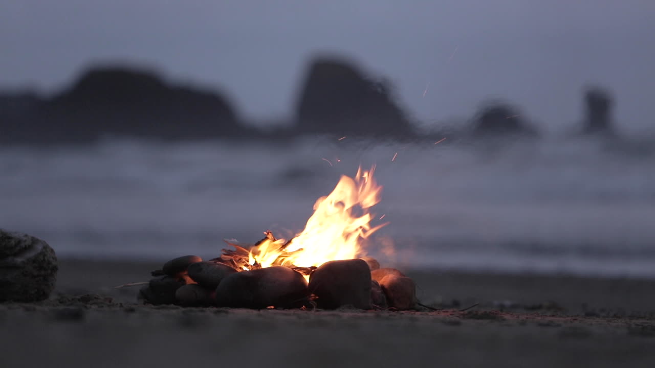 fogata ardiendo en la playa en oregon