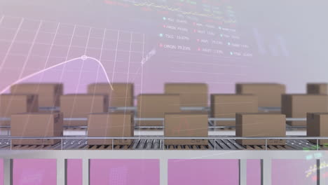 animation of statistics and financial data processing over boxes on conveyor belts