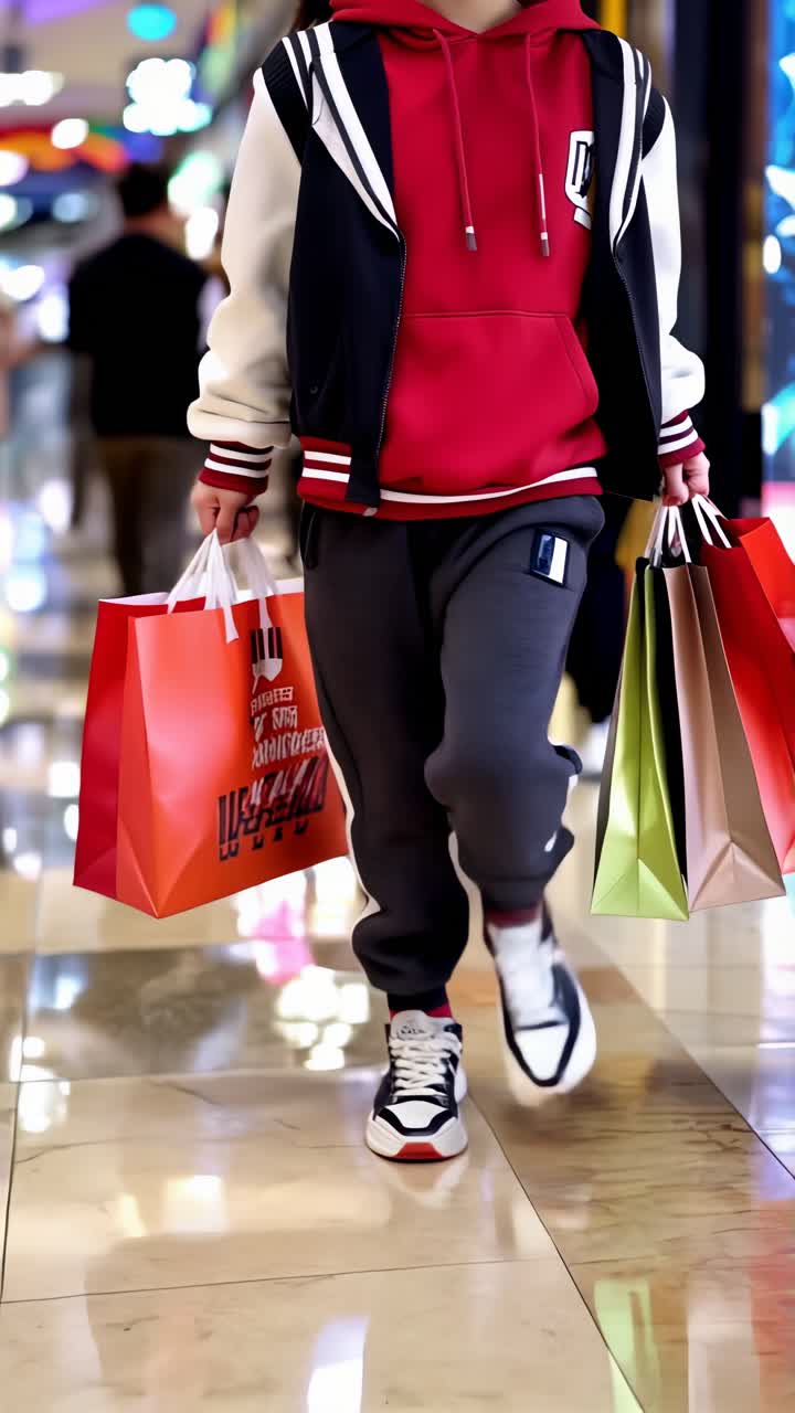 Young Person with Face Mask Carrying Shopping Bags in Mall