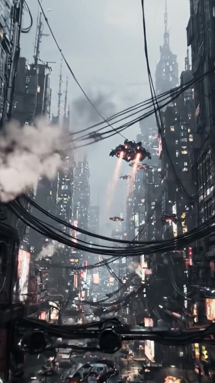 Futuristisk stadssiluett med flygande fordon och kaotisk kabeldragning: En dystopisk vision av ett neonupplyst stadslandskap.