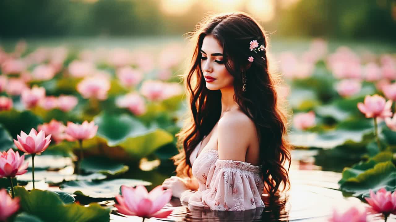 Woman in a Pink Dress among Pink Lotus Flowers
