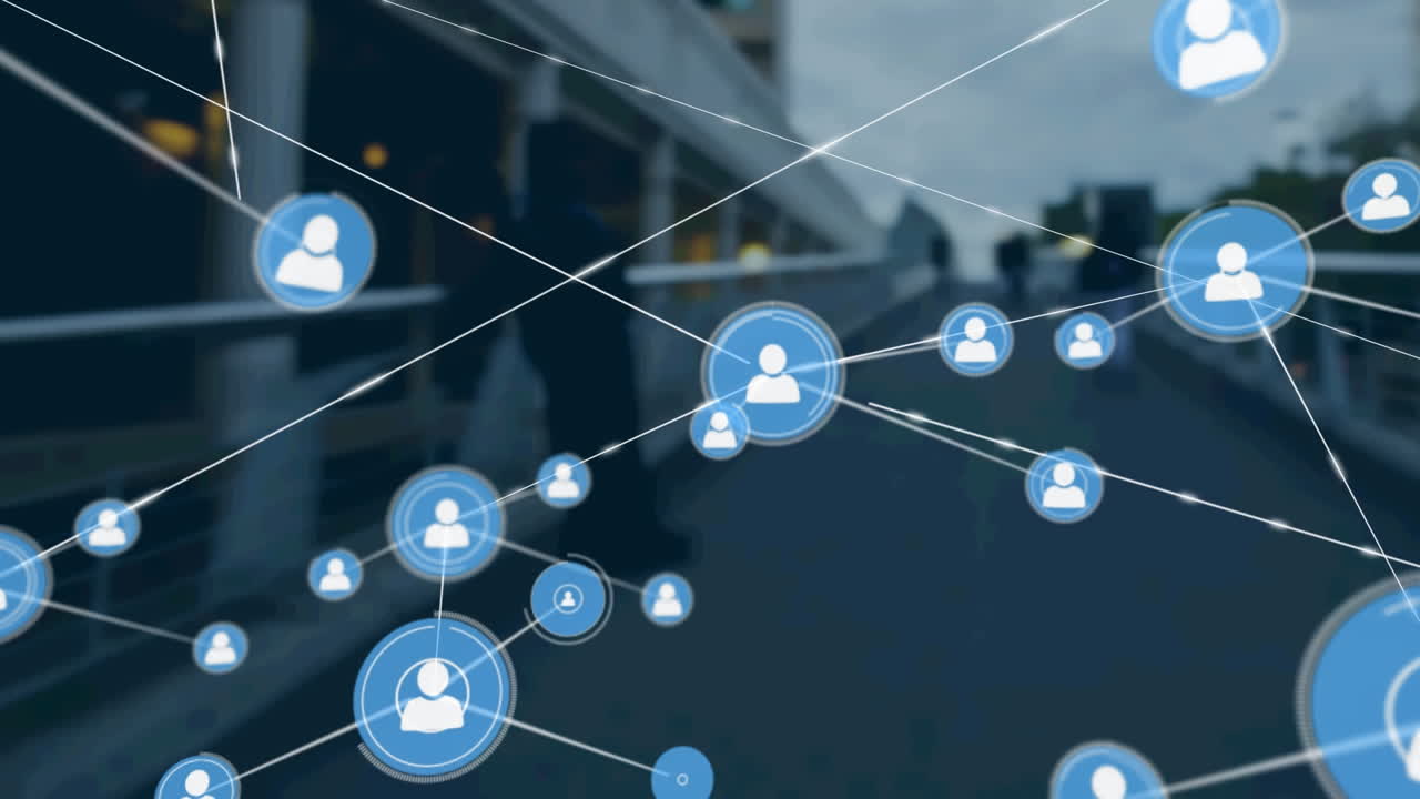 animación de la red de conexiones con iconos sobre el edificio moderno