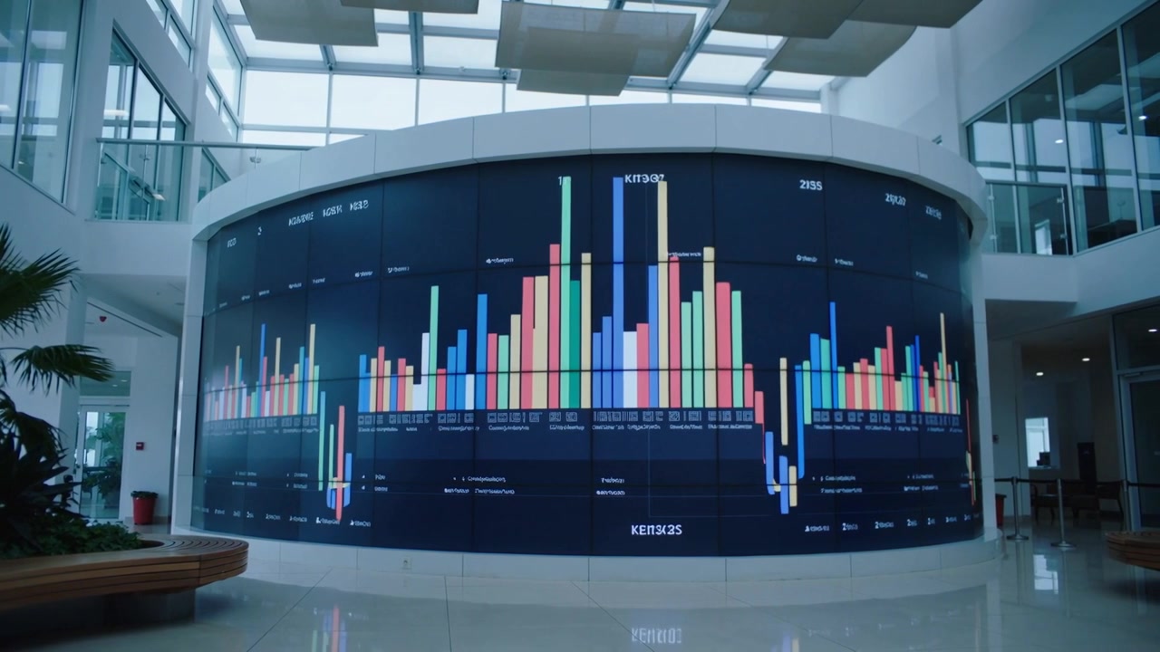 Pannello LED curvo che mostra grafici a pila nella hall come feed che si aggiorna con panca, fioriera