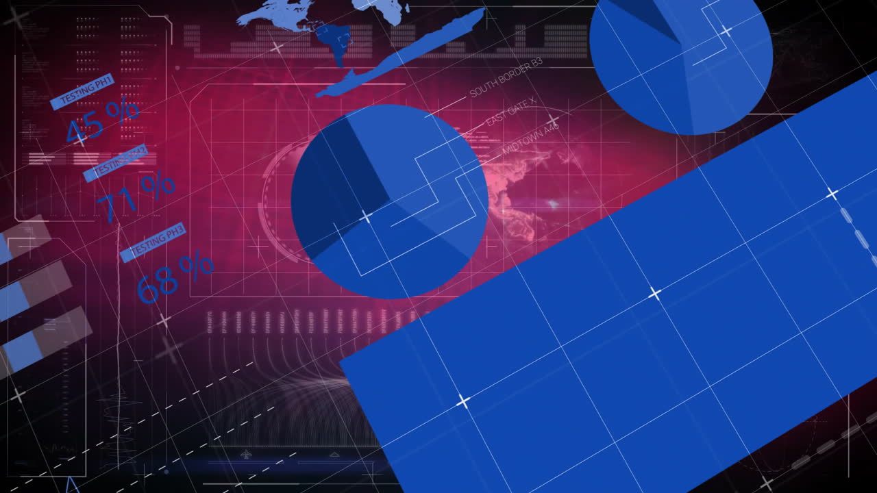 Animation of blue geometric shapes with world map on red digital data background