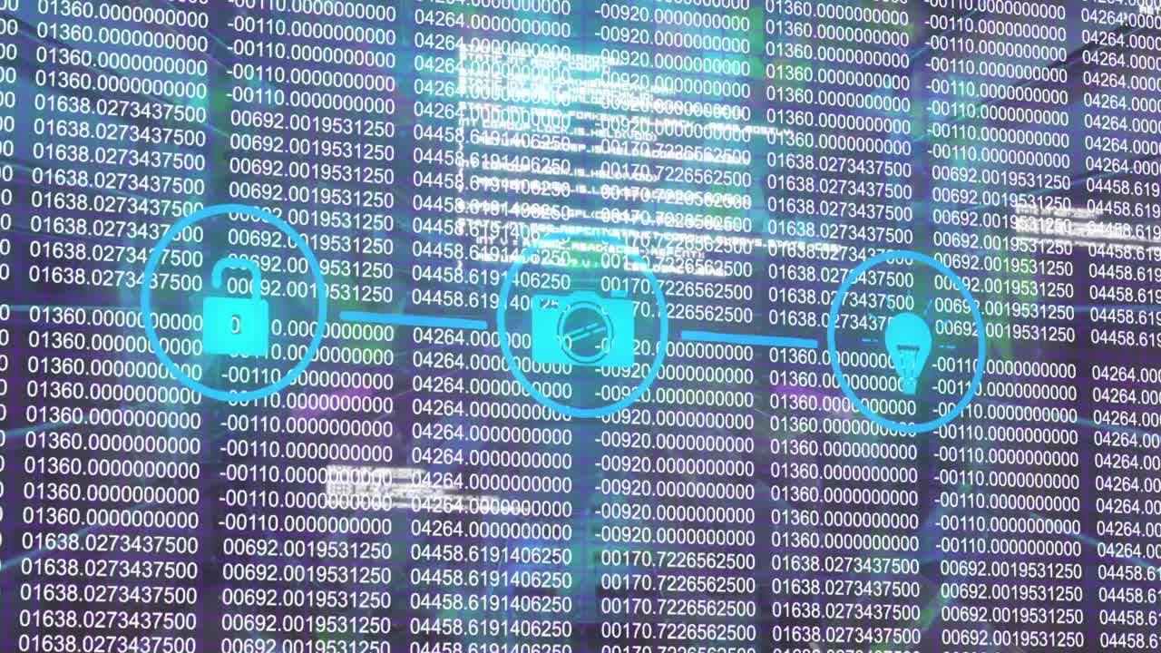 Animation of data processing, network of connections with icons over blue background