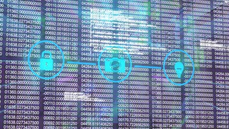 animación del procesamiento de datos, red de conexiones con íconos sobre fondo azul