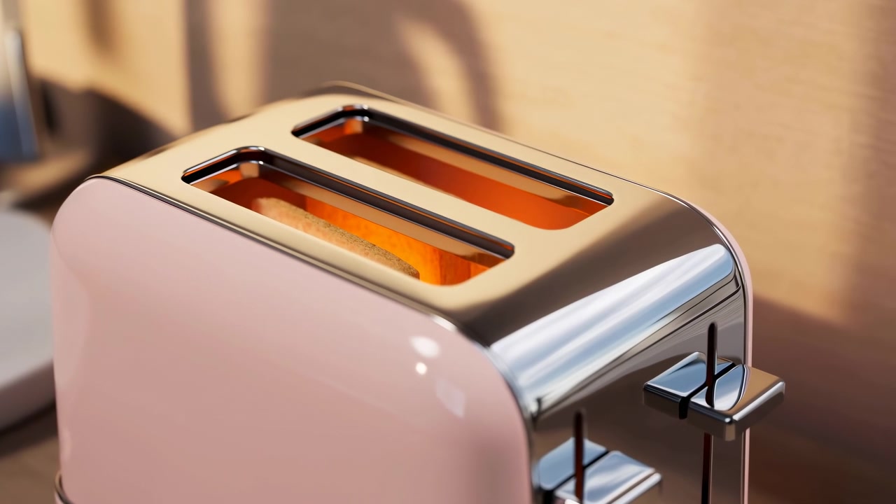 Chronological action sequence of pastel pink stainless steel two-slice toaster on left-foreground kitchen countertop showing full toasting process from