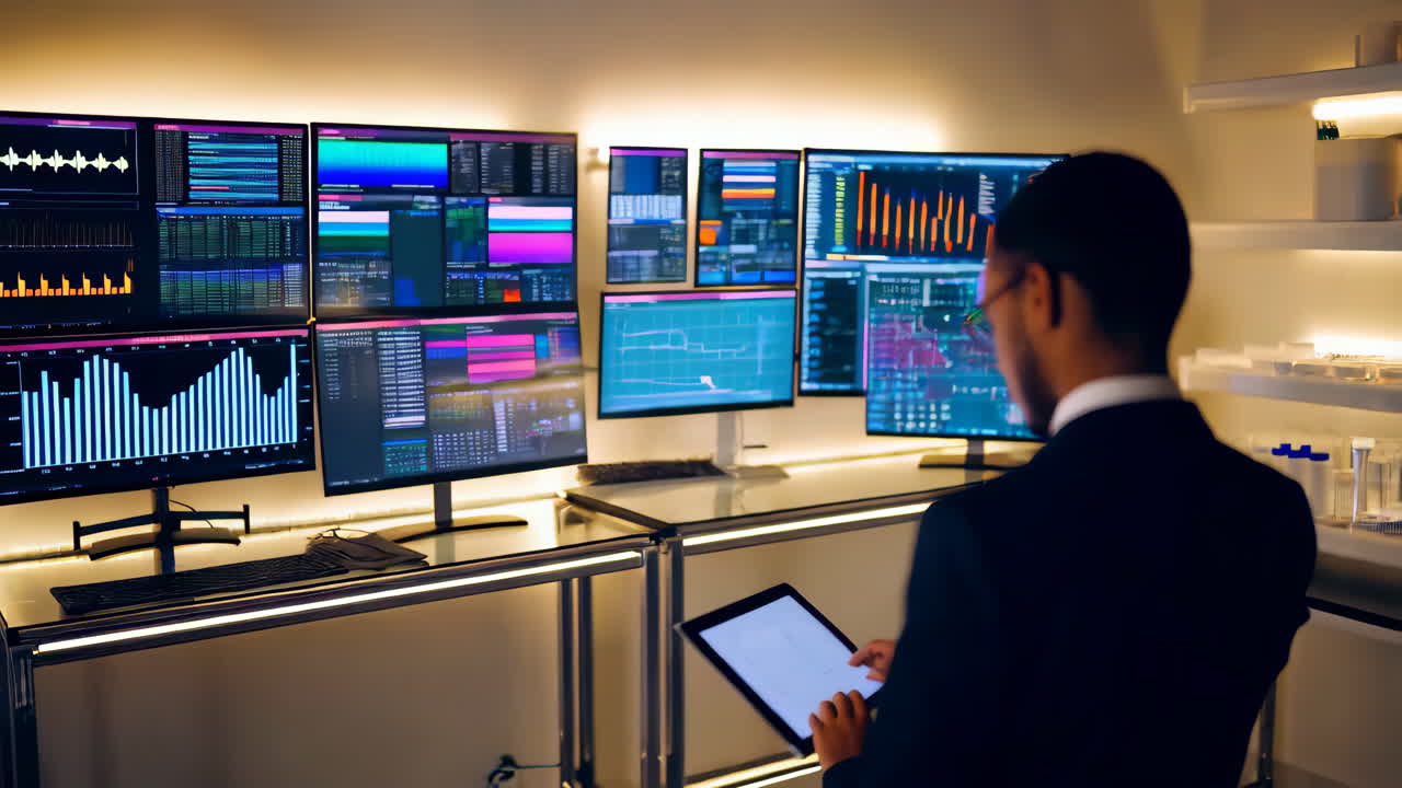 Businessman Analyzing Data in a Modern Trading Room
