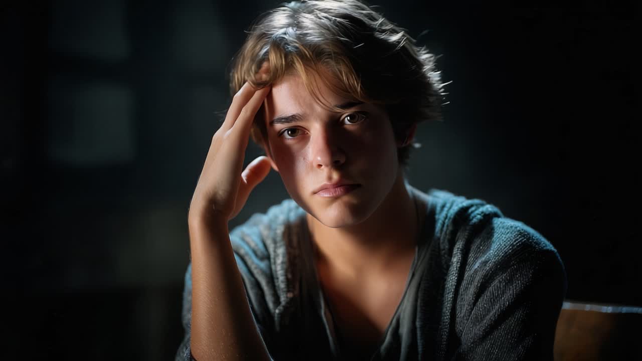 Una giovane persona riflette sui propri pensieri ed emozioni con un'espressione contemplativa in un'atmosfera scura e cupa.