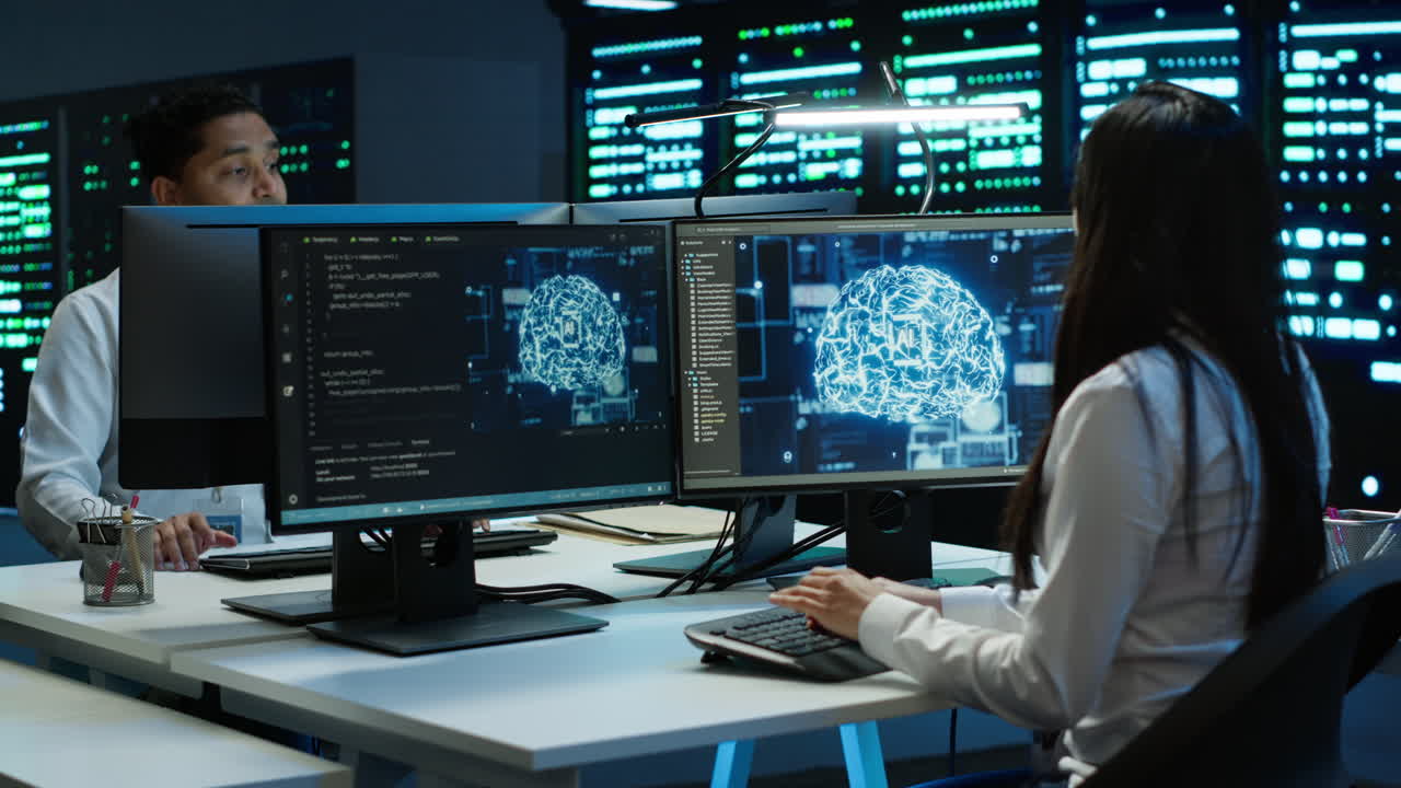 equipo de ingenieros que utilizan tecnología de ia en la computadora para hacer comprobaciones en la sala del servidor