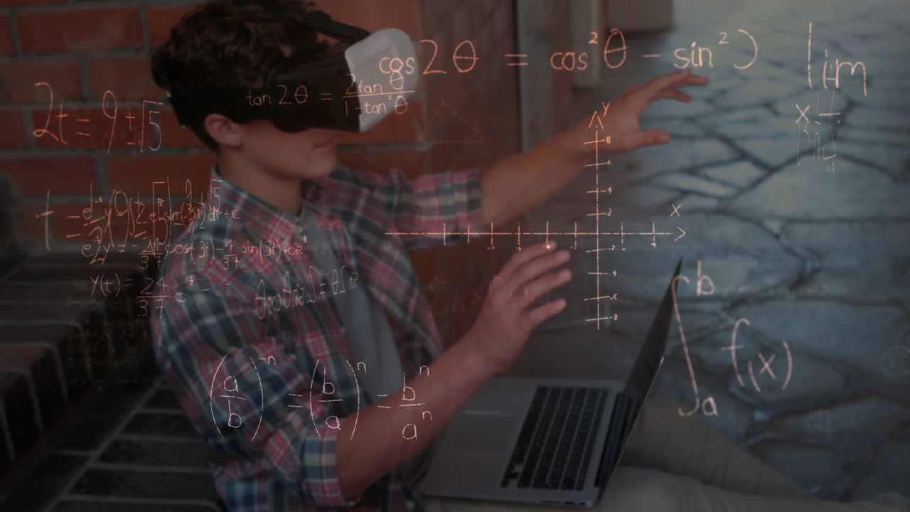 animación de ecuaciones matemáticas sobre un escolar que lleva auriculares vr