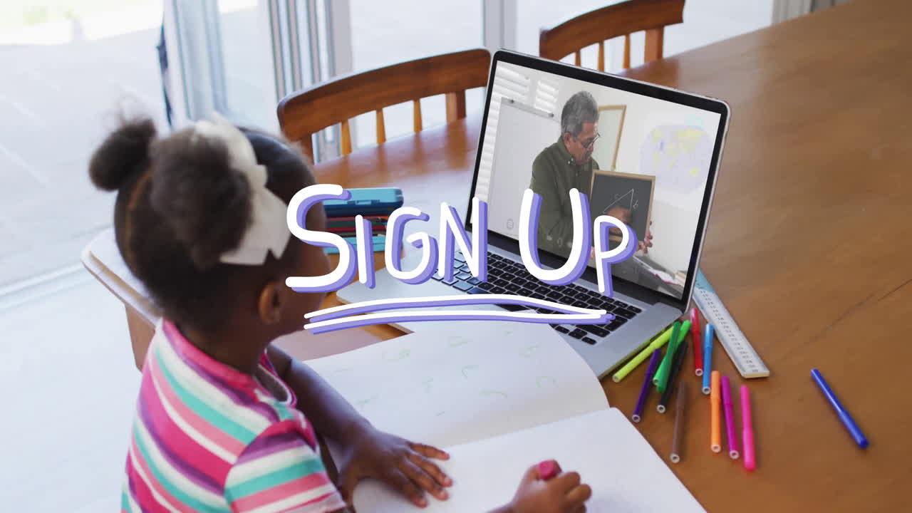 In school, child learning animation with Sign Up text on laptop screen
