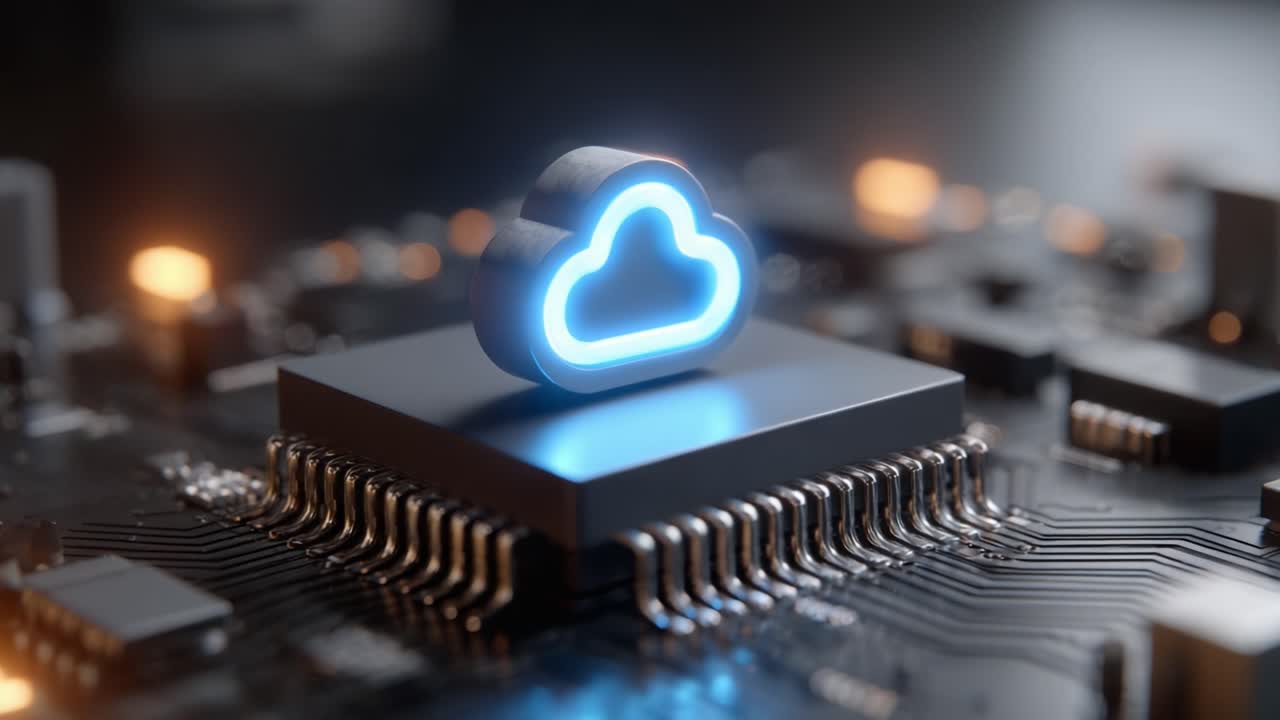 Innovative Cloud Computing Interface: A Close-Up on Circuit Board Technology with a Luminescent Cloud Icon Signifying Digital Connectivity and Data Management