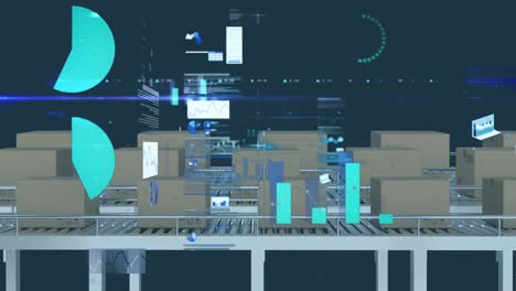animación del procesamiento de datos financieros sobre cajas de cartón en cintas transportadoras