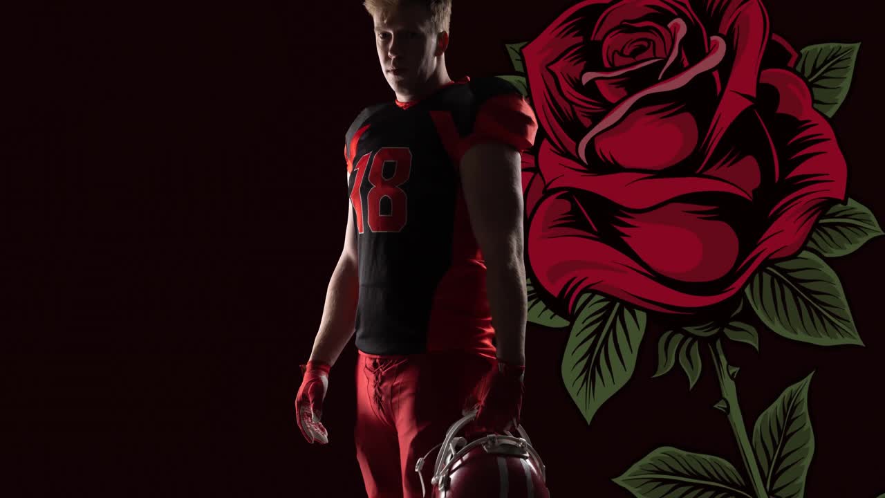 animación de un jugador de fútbol americano masculino sosteniendo un casco sobre una rosa roja sobre un fondo negro